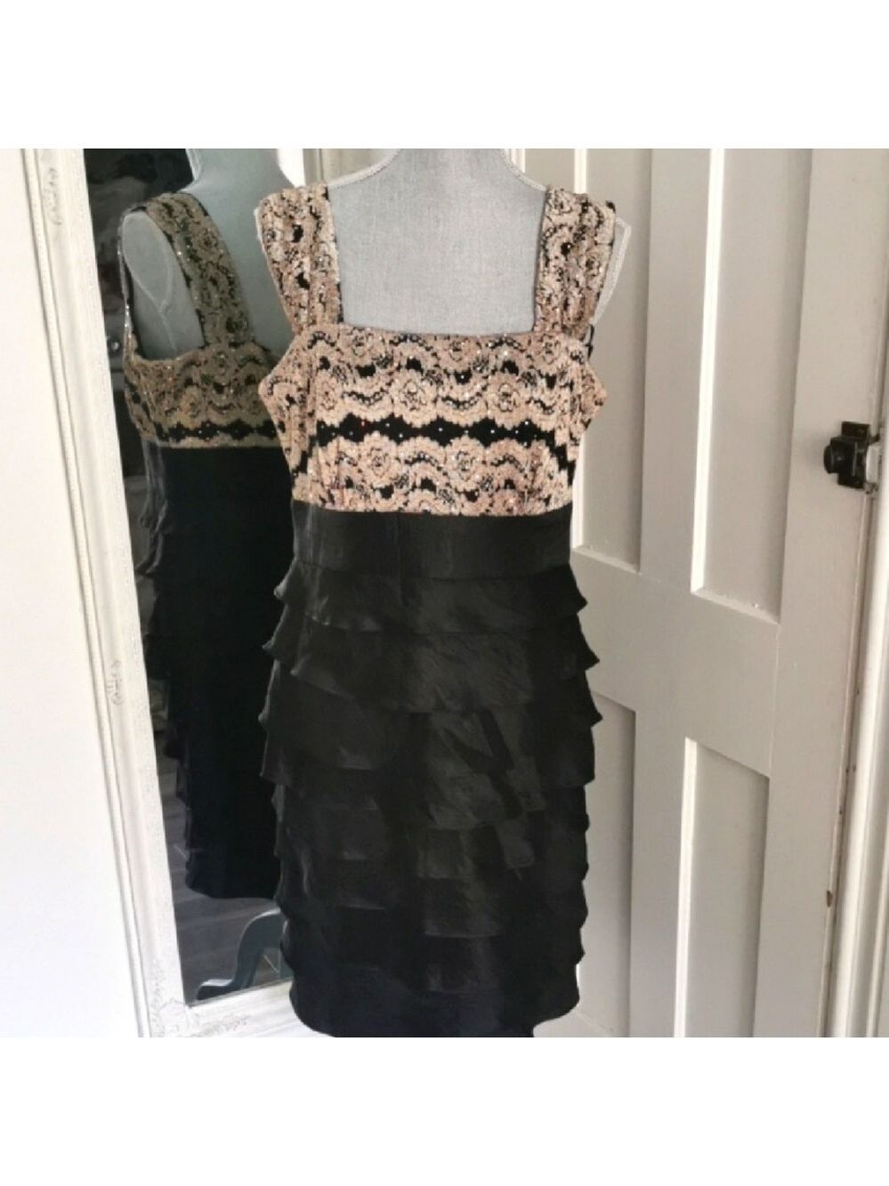 RAREFIND⭐80s R&M Richards black /gold rosette sequins formal cocktail dress. XL